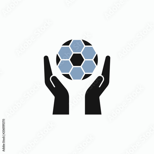 Minimalist vector illustration of two hands holding a soccer ball, symbolizing support, protection, teamwork, sports development, football management, coaching, and community engagement