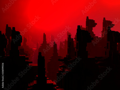 3D rendered Illustration, conceptual architecture visualisation of a dystopian, abandoned, futuristic city or urban environment