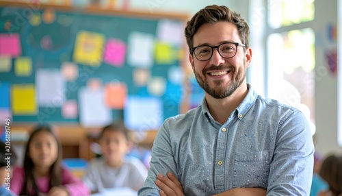 Smiling male teacher standing in elementary school classroom.