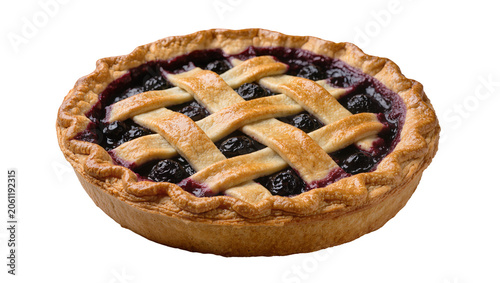 Bild auf Leinwand Golden brown lattice crust blueberry pie bursting with fruit filling, isolated o