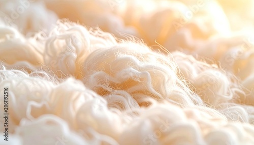 Close-up of fluffy white fibers illuminated by warm, soft light.