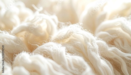 A close-up, macro shot showcases the intricate details of fluffy white fibers, suggesting softness and purity.