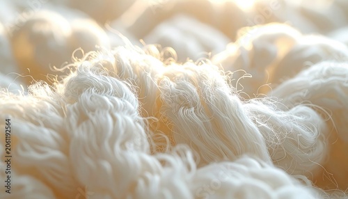 Close-up view of soft, white yarn illuminated by warm light.