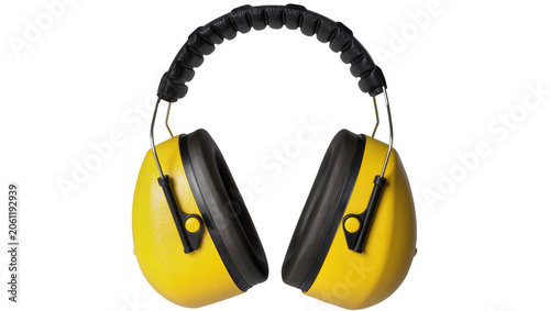 Fotografie Yellow and black earmuffs with adjustable headband, isolated on transparent back