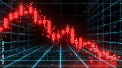A red stock market graph with a downward trend displayed on a futuristic grid background with blue lines and dots, conveying a sense of financial decline or crisis.