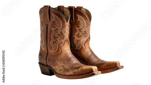 Brown leather cowboy boots with intricate stitching, isolated on transparent background