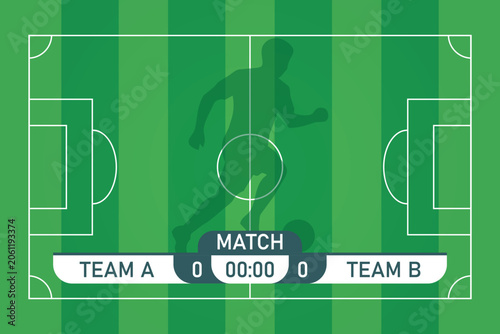 Soccer match scoreboard graphic with field background