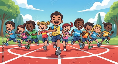Diverse group of children running on red track in sunny outdoor stadium track and field
