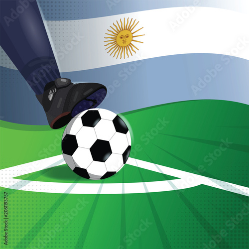 Dynamic vector illustration of a soccer player kicking a football on a field with the Argentina national flag in the background