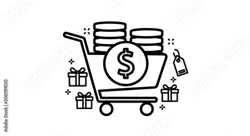 Shopping Cart Filled with Coins and Gifts, Dollar Sign Icon