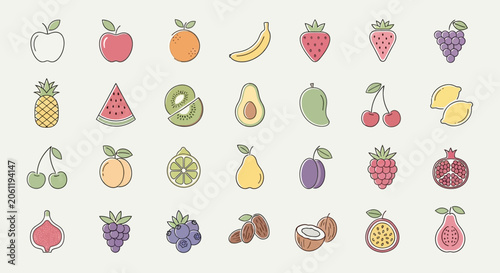 Assortment of Fresh Fruits Icons, Healthy Food Collection, Vector Illustration