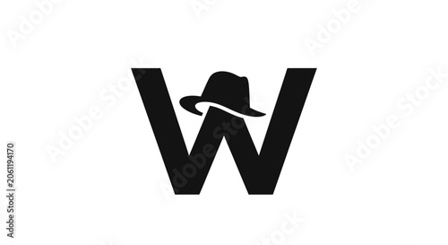 Black Fedora Hat on Letter W Logo, Minimalist Design, Modern Branding Concept