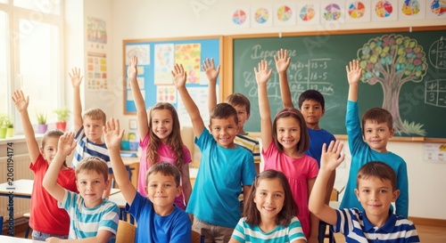 Diverse group of elementary students raising hands in colorful classroom children elementary school