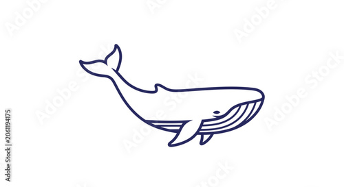 Minimalist blue outline of a whale swimming on a white background, simple line art illustration
