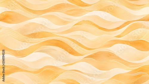 Abstract seamless pattern with flowing wavy lines in shades of warm yellow and beige, watercolor texture background