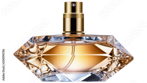Φωτογραφία Geometric faceted crystal perfume bottle with golden spray nozzle, isolated on t