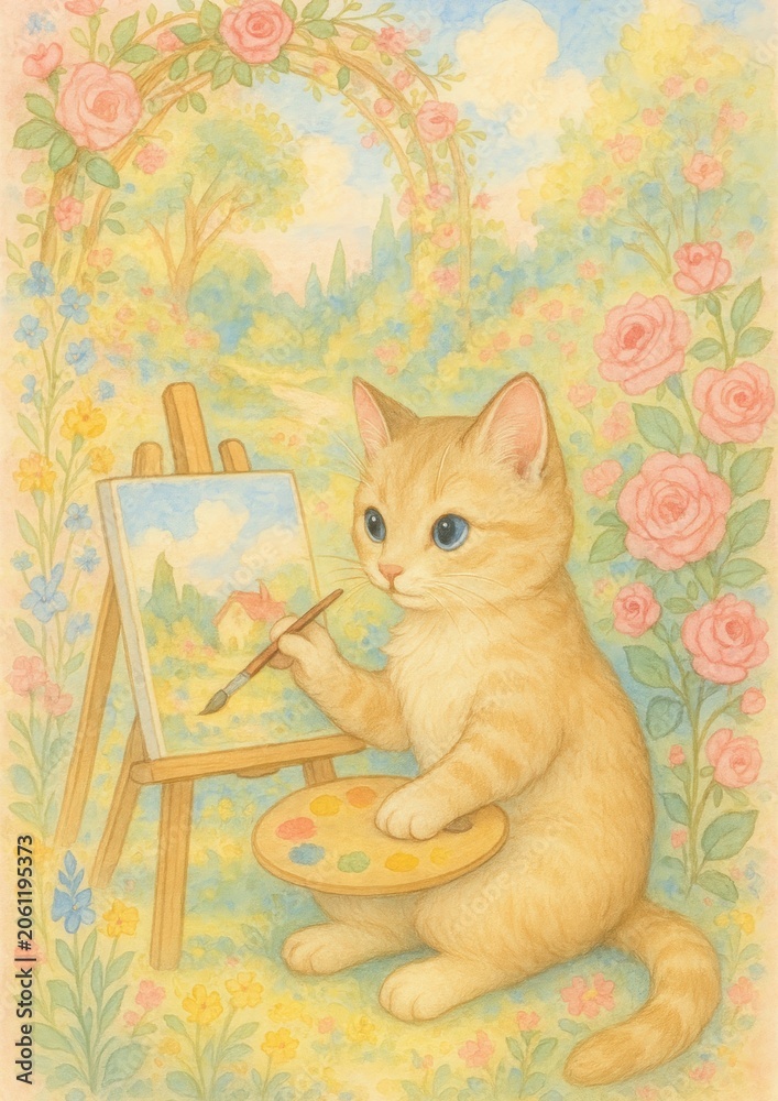 Naklejka premium Charming cat painting garden.