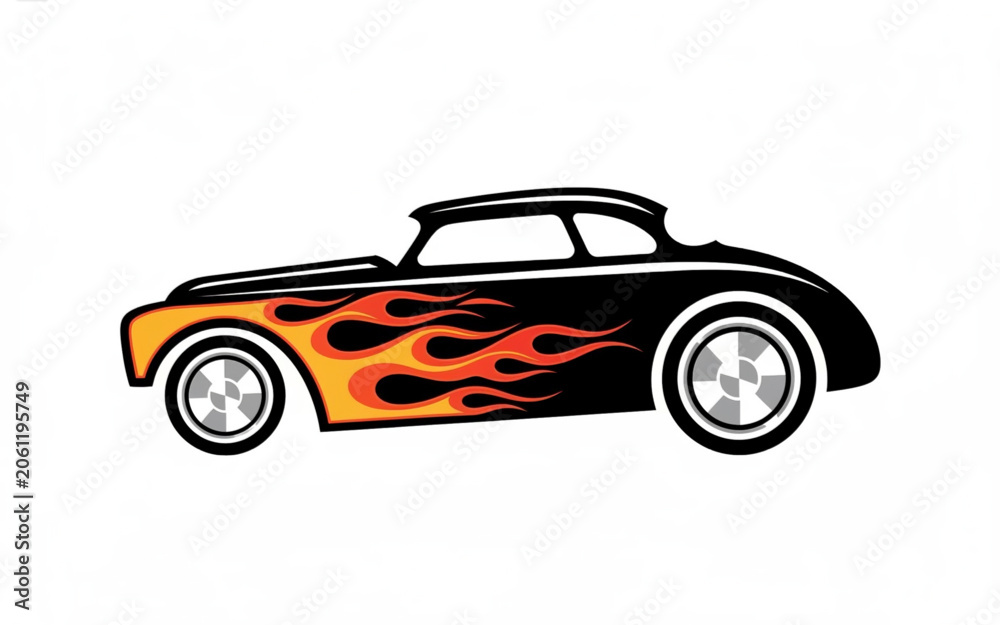 Obraz premium Classic Hot Rod Car Illustration with Flaming Graphics and Chrome Wheels, Vintage Automobile Design