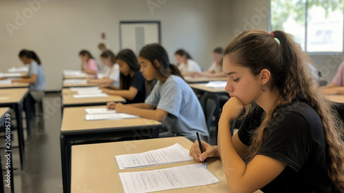 Focused diverse teenage female students writing on exam papers during a test in a bright classroom