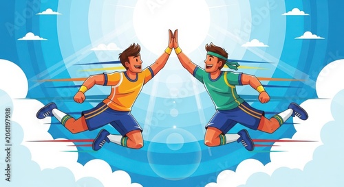 Two female athletes in midair five wearing colorful sports uniforms orange jersey