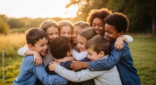 Two young boys hugging and smiling in a sunlit field with golden hour lighting siblings