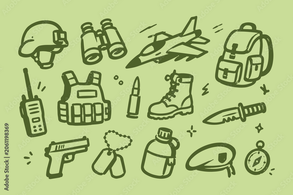 Fototapeta premium Military Equipment Doodle Set Vector Illustration