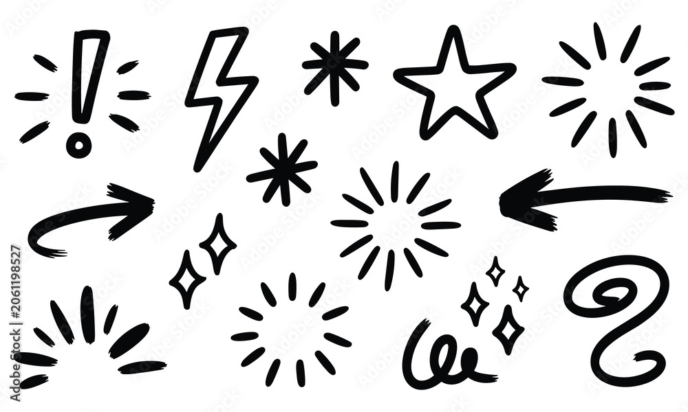 Fototapeta premium Hand-drawn set of black doodle icons including arrows, stars and lightning bolts on a clean white background for design.