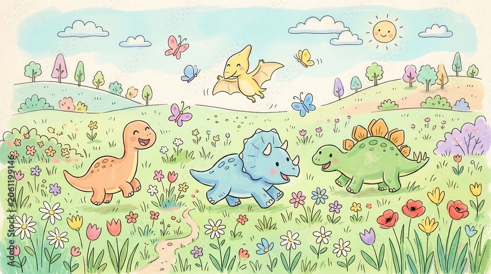 Fototapeta premium Adorable cartoon dinosaurs play together in a sunny green meadow blooming with colorful flowers