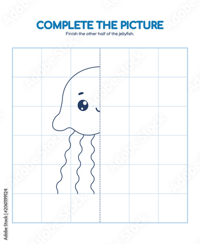 Vector drawing of a jellyfish in an underwater world, symmetrical. Black and white marine-themed activity for children to practice motor skills. Copy the picture, coloring page with aquatic animals