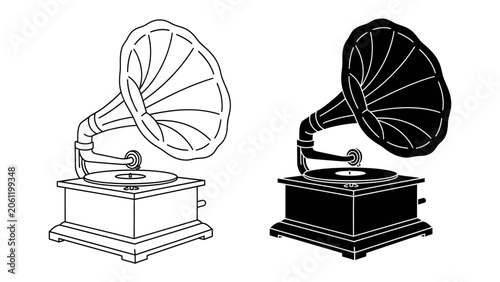 Photos Vintage Gramophone Duo: A pair of classic gramophones, one depicted in outline and the other in silhouette, showcase the timeless charm of analog sound reproduction