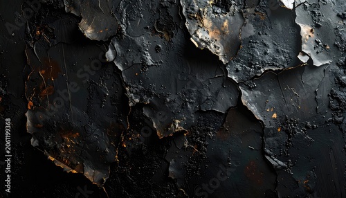 Close-up of cracked and peeling black paint with hints of gold.