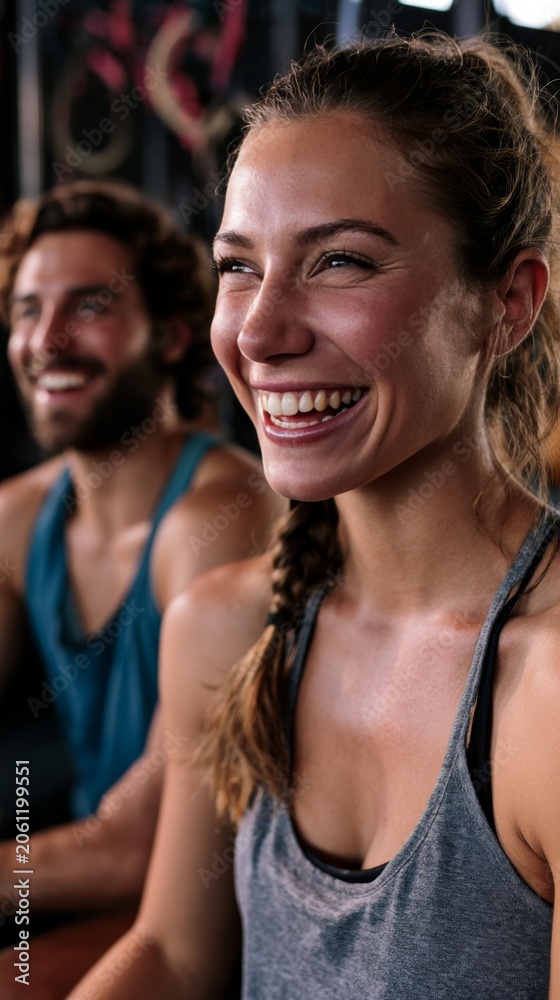 Fototapeta premium Young athletic couple laughing together during a fitness class at the gym