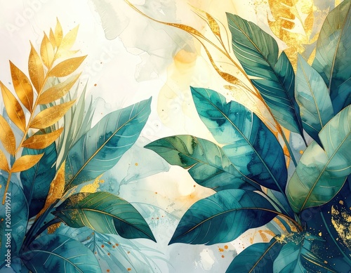 Elegant watercolor painting of tropical leaves with gold accents.