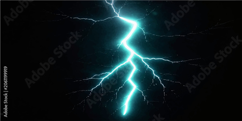 Lightning in the dark night sky with electric blue lightning bolt, thunderstorm energy and powerful flash on a black background