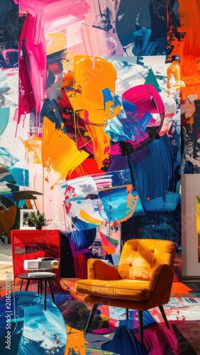 A vibrant abstract artwork is displayed in a modern interior setting with a plush orange armchair.
