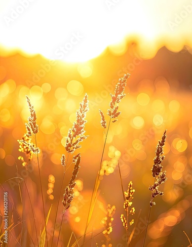 Tall grass stalks backlit by a warm, golden sunset with bokeh.
