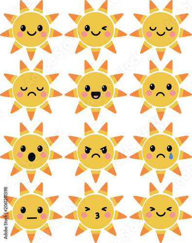 Kids vector illustration of bright sun characters pack. Minimalist flat yellow emoticons with funny faces for morning routine charts, summer holiday concepts, and nursery decor.