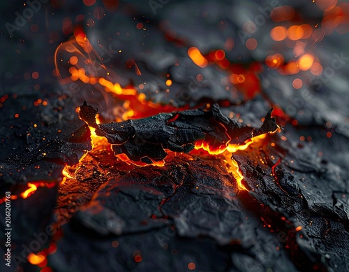 Macro view of glowing embers and fiery cracks on burnt surface.