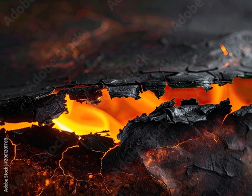 Close-up view of glowing embers and charred wood.