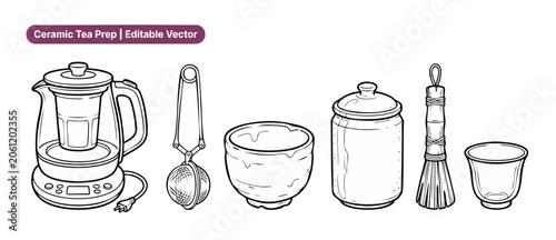 Foto Tea preparation set vector line art icon illustration for traditional ceramic ceremony accessories, featuring electric kettle, bamboo whisk, matcha bowl, tea cup, and infuser on white