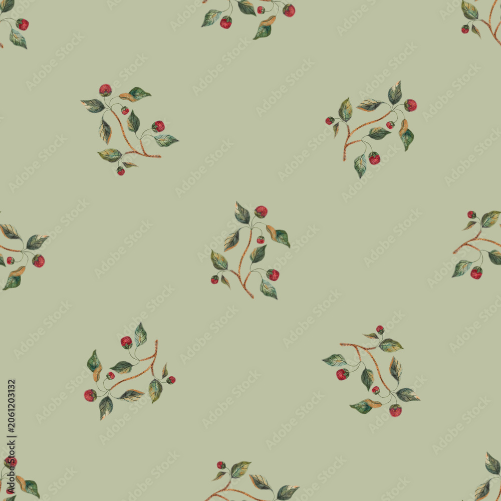 Fototapeta premium Boho sage green seamless pattern with watercolor minimalist wild strawberries. Scandinavian botanical wallpaper in muted earthy tones for kids nursery textile, bedding and sustainable packaging.
