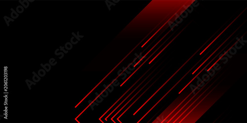 Abstract dark background with neon red gaming speed lines. Modern black futuristic vector design with dynamic diagonal light rays for tech banner.