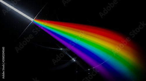 Prism white light refracted spectral rainbow fan pure black, photonics tech background