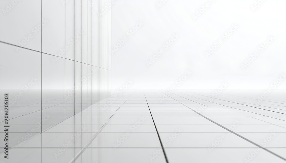 Fototapeta premium Perspective rendering of a white tiled floor & wall, minimal & geometric