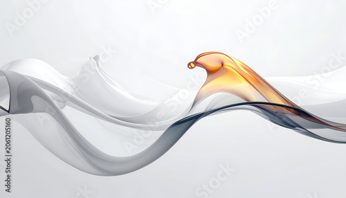 Elegant flowing abstract shapes in gray and amber against a bright white backdrop