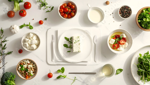Overhead shot of a white surface arranged with fresh ingredients for a meal