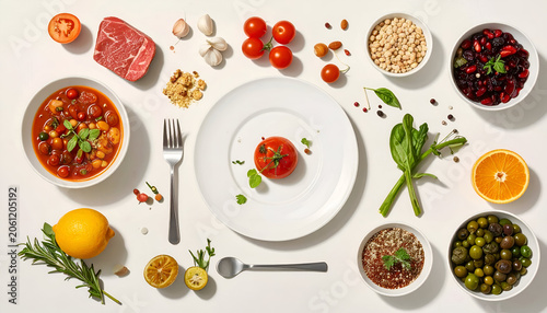 Overhead food layout on white, showcasing a variety of ingredients, arranged aesthetically