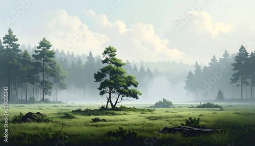 Misty landscape with trees, a central leafy tree in focus, grassy foreground and cloudy sky