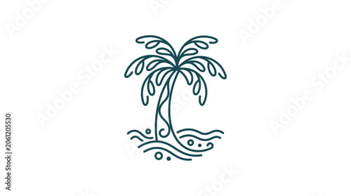 Minimalist palm tree with waves and dots line art icon on white background
