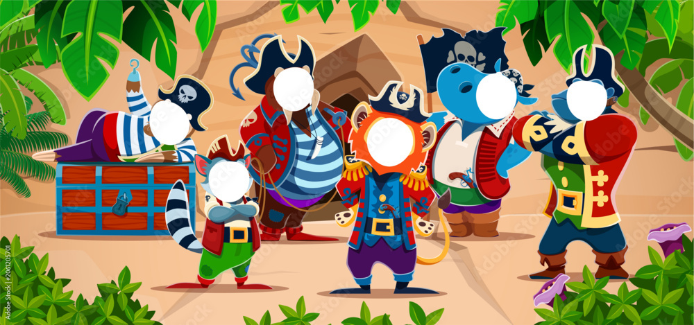Fototapeta premium Caribbean animal pirates characters photobooth with photo cutout face holes. Cartoon photobooth board featuring vibrant lion, hippo, sloth and raccoon in pirate costumes for kids photos
